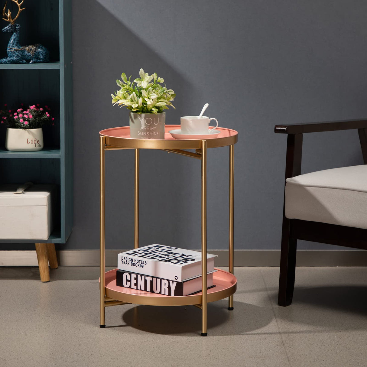 2-Tier Round Metal End Side Table, Accent Anti-Rust Simplistic Sofa Table