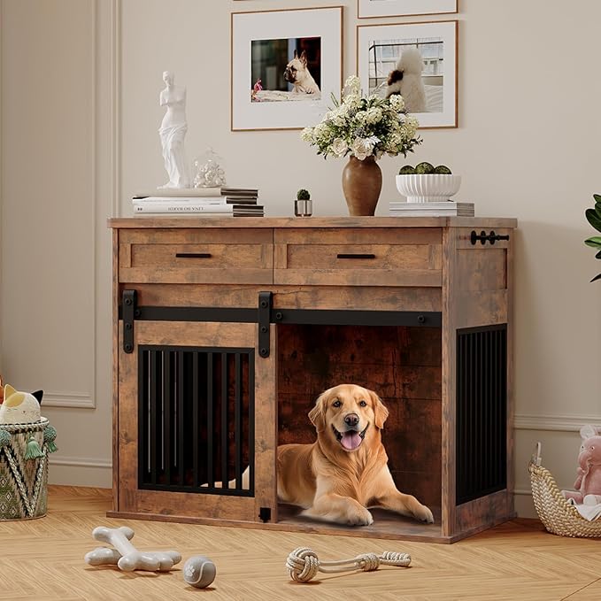 Dog Crate Furniture with Storage - 44.5" Wooden Kennel End Table
