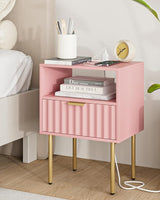 Night Stand with Charging Station, Fluted Bedside Table with Gold Frame