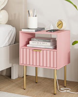 Night Stand with Charging Station, Fluted Bedside Table with Gold Frame