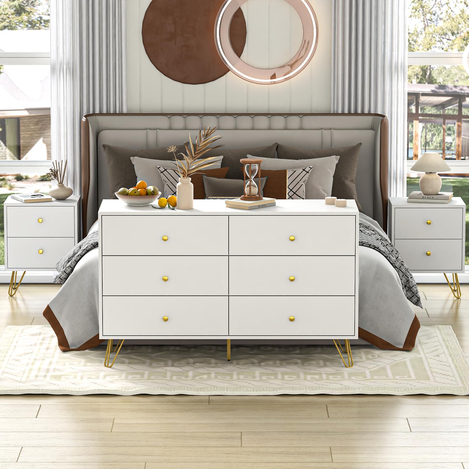 White Dresser for Bedroom, 6 Drawer Dresser with Golden Handles and Golden Legs