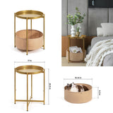 Table, Gold End Table with Storage Basket, Metal Night Stand with Removable Tray, Small