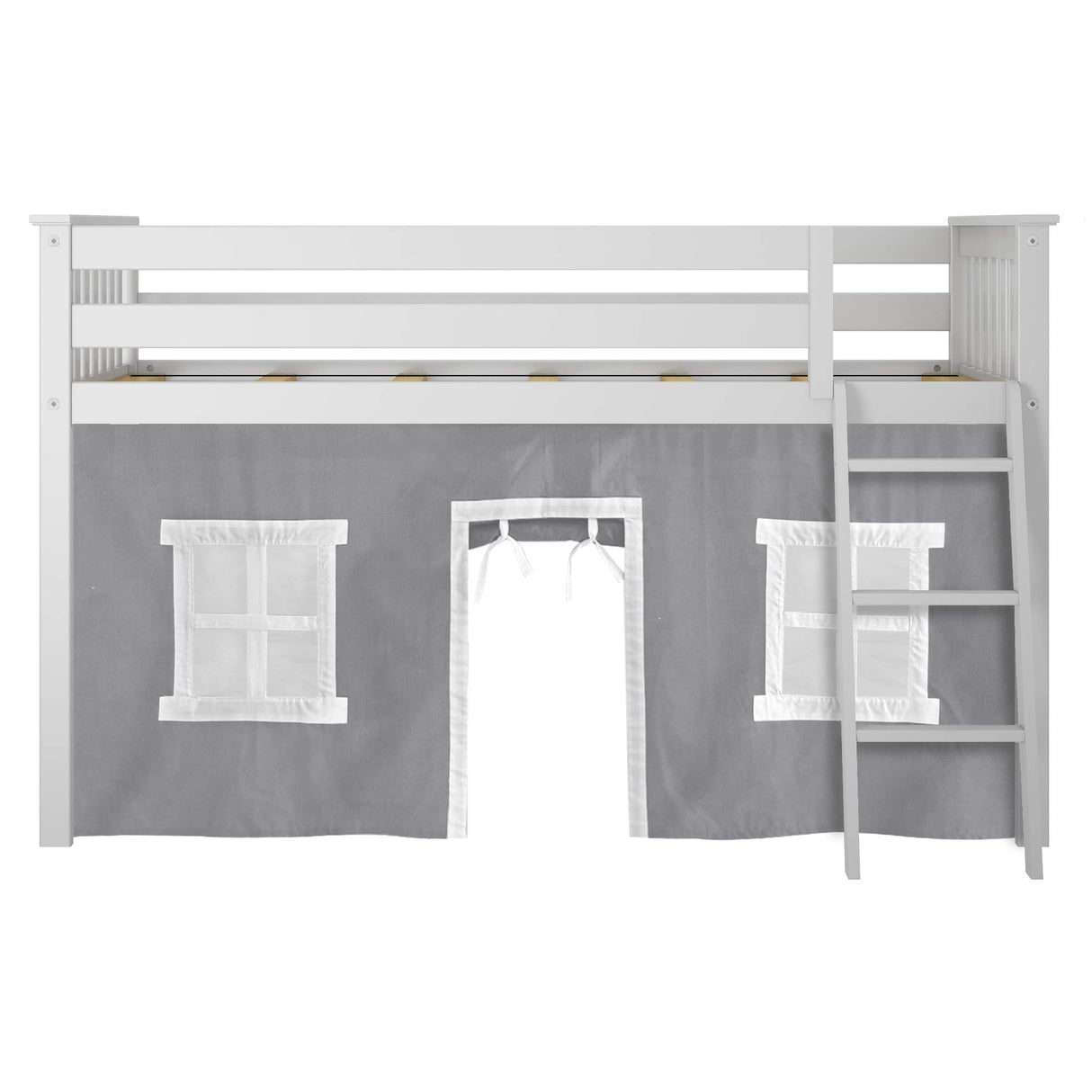 Low Loft Bed, Twin Bed Frame With Curtains For Bottom, White/Grey