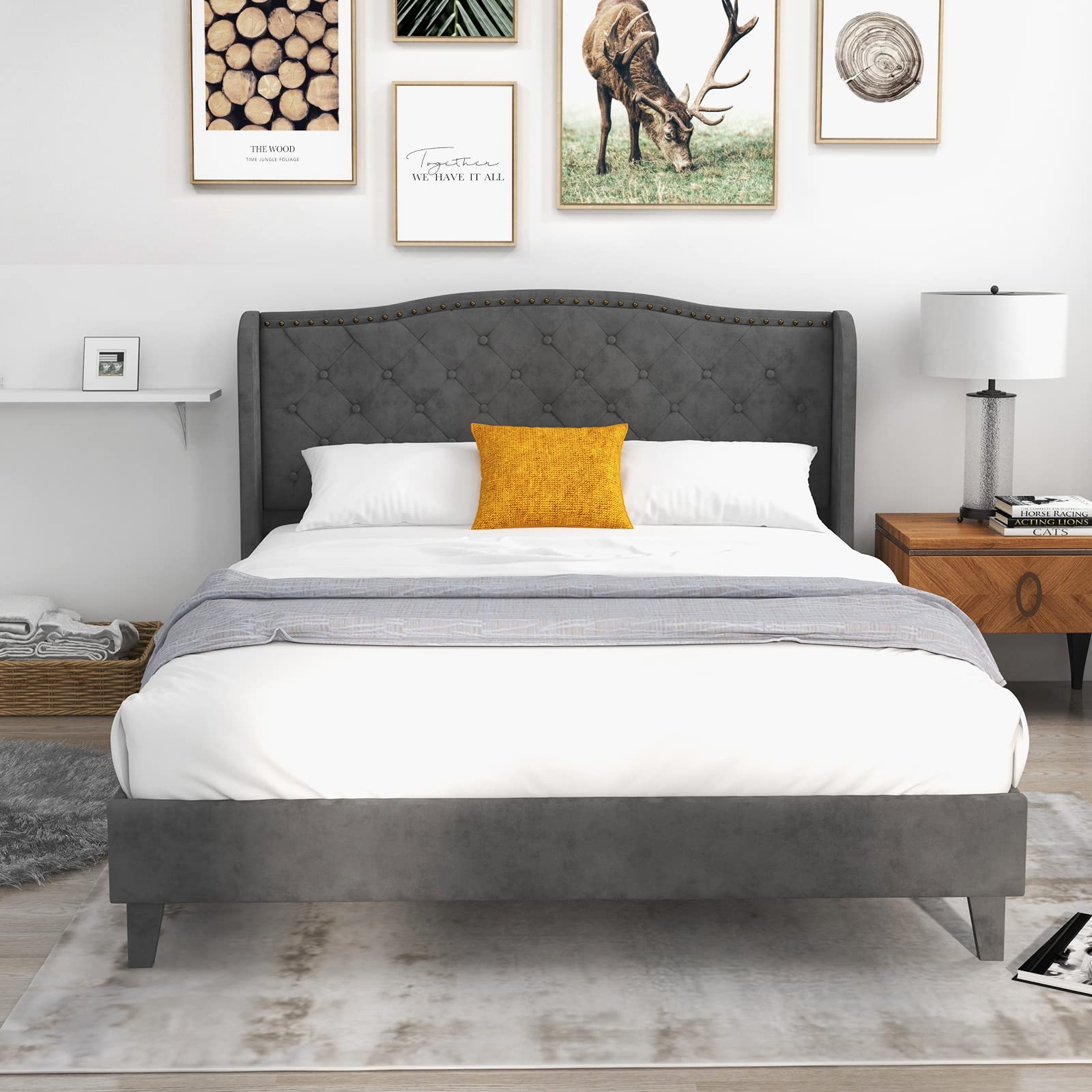 Velvet Upholstered Bed Frame, Wingback Platform Bed