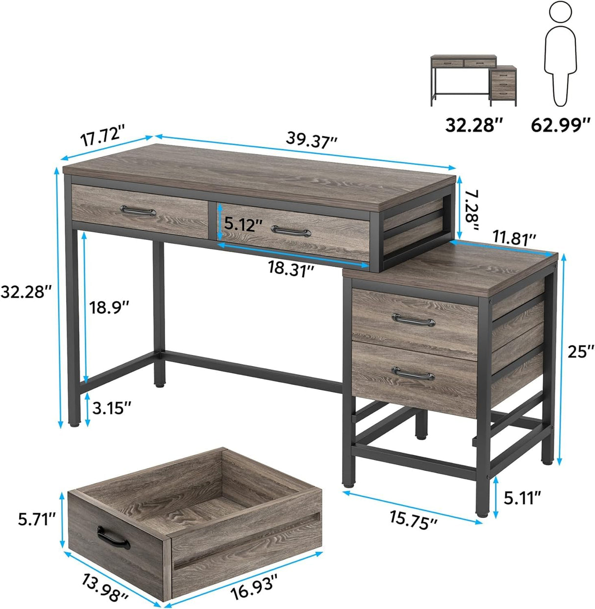 Computer Desk with 5 Drawers, Home Office Desks with Reversible Drawer Cabinet Printer