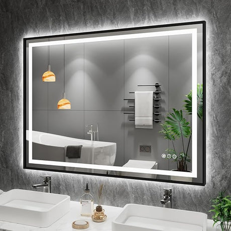 48"x 38" LED Bathroom Mirror with Black Frame, Front Light and Backlit,