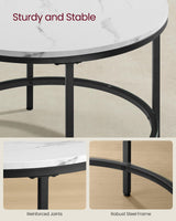 Round Coffee Table, Small Coffee Table with Faux Marble Top and Glass Storage Shelf,