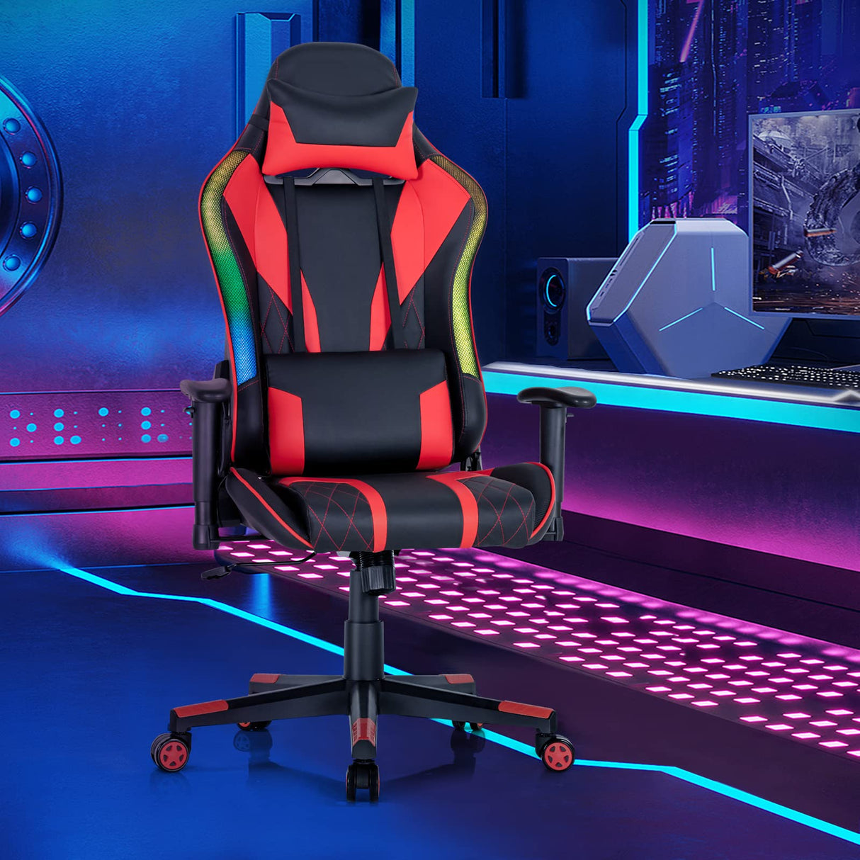 RGB LED Gaming Chair - Ergonomic High Back PVC Leather E-Sport Computer Chair with Lumbar Support