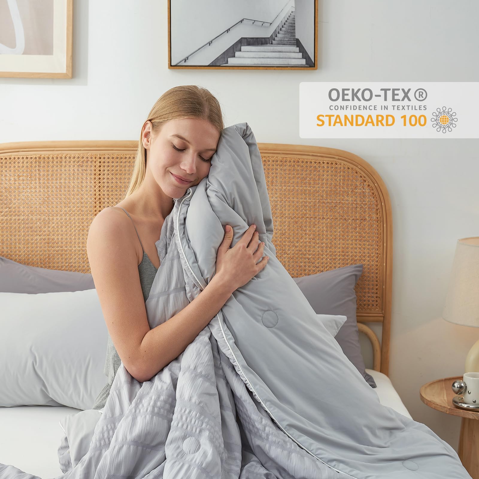 Cozy Bliss Seersucker Cooling Comforter King Size, Q-Max 0.4 Reversible Lightweight Cooling Blanket, Breathable Silk Smooth Summer Bedding Quilt for Hot Sleepers Night Sweats Light Grey