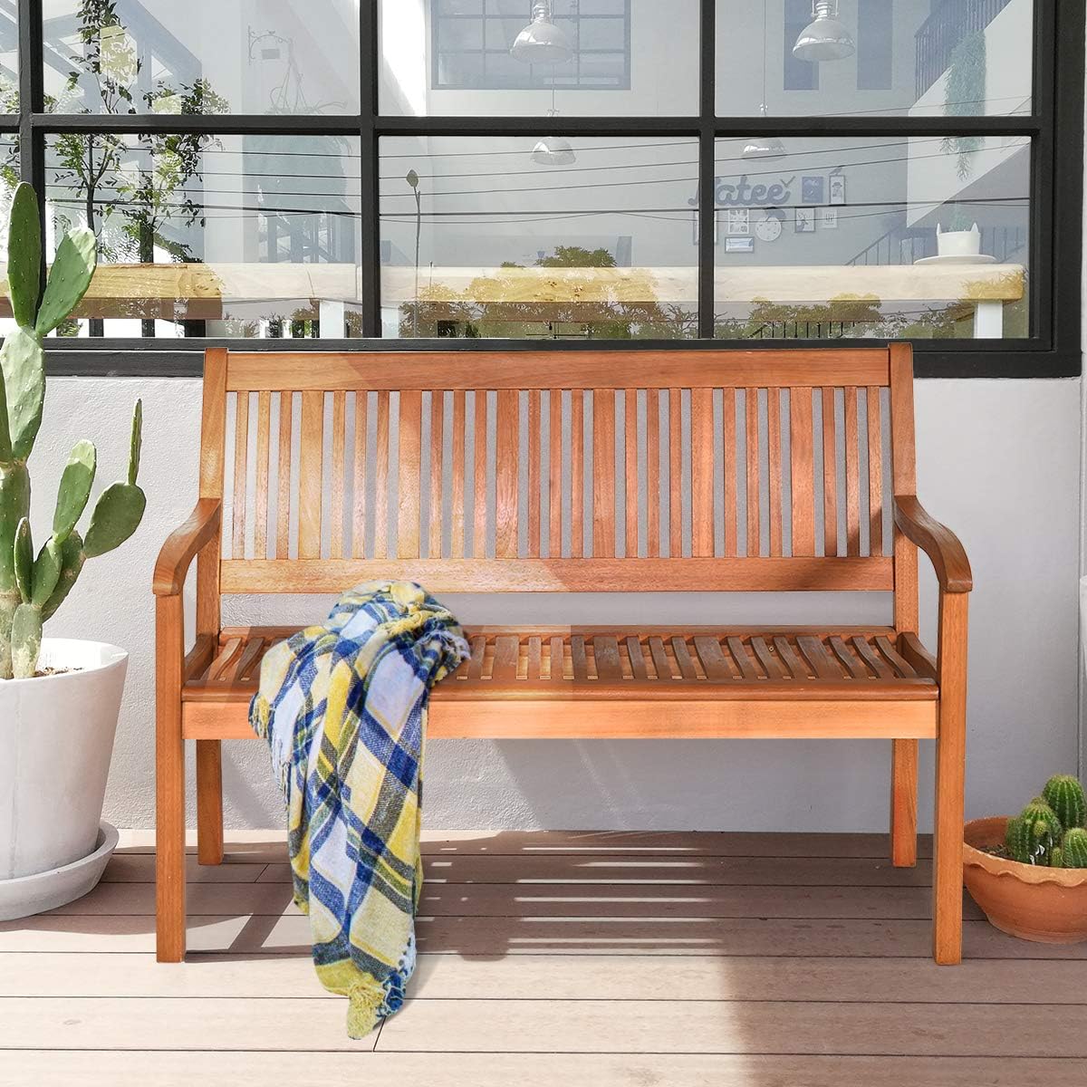 Outdoor Wood Bench, Two Person Solid Wood Garden Bench w/Curved Backrest