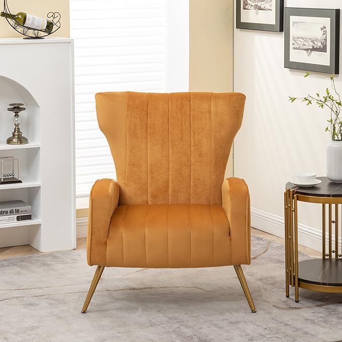 Armchair Modern Velvet Accent Chair, Channel Tufted Bedroom, Office or Living Room