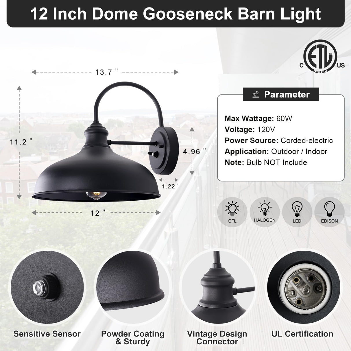 INNOSPARX 12in. Dusk to Dawn Outdoor Barn Lights Exterior Black Gooseneck Barn Light Fixture with Wall Mount 1 Pack Farmhouse External Gooseneck Wall Sconce Light Outdoor Porch Barn Door Wall Lighting