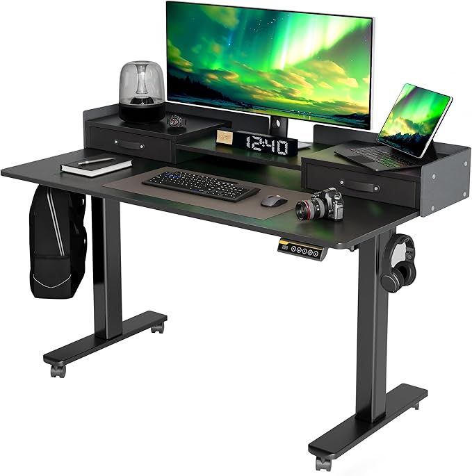 Desk with Drawers, Adjustable Height Stand up Desk with Storage Shelf, Electric Small Sit Stand Desk with Splice Board, 48 Inch, White