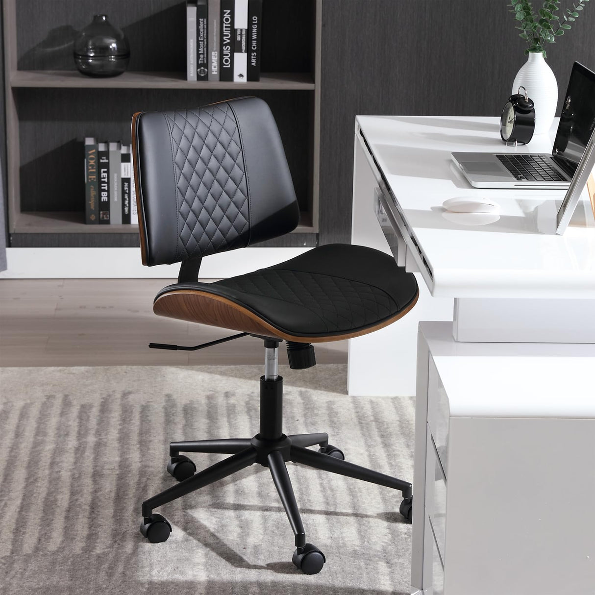 Office Chair No Arms with Wheels, Adjustable Height Small Desk Chair, PU Leather Mid