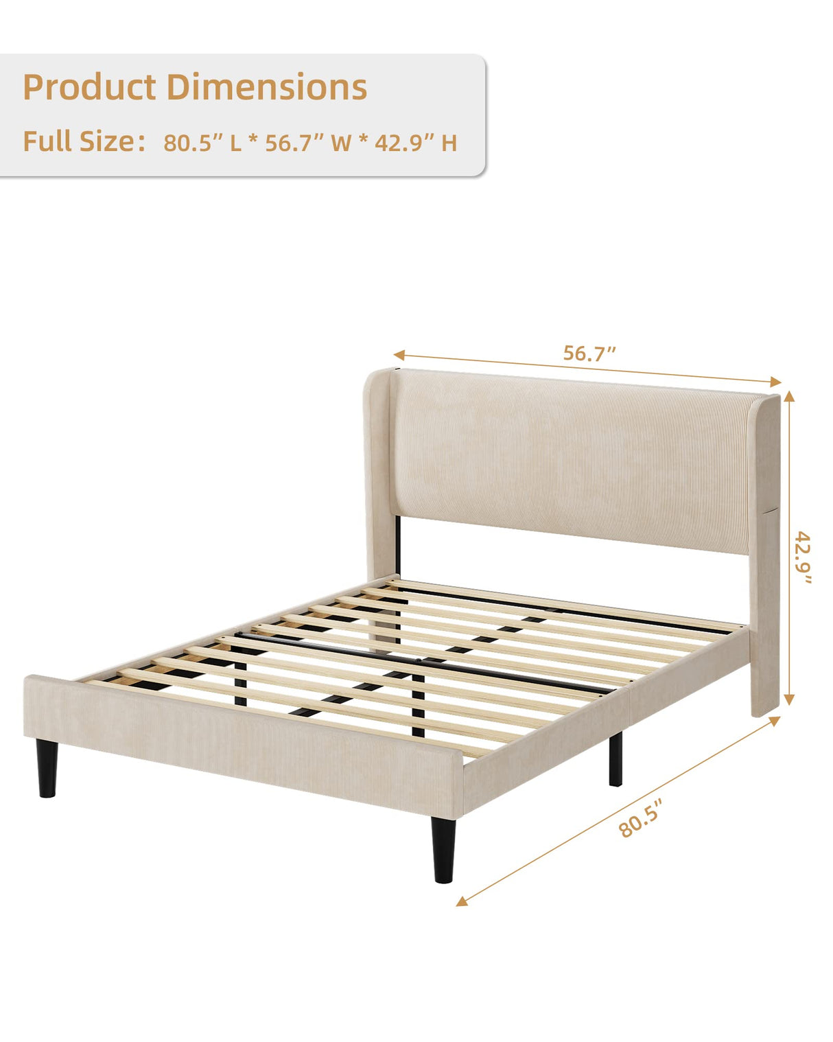 Full Bed Frame, Upholstered Platform Bed with Wingback Headboard, Velvet Upholstered Bed Frame with 2 Storage Pockets,