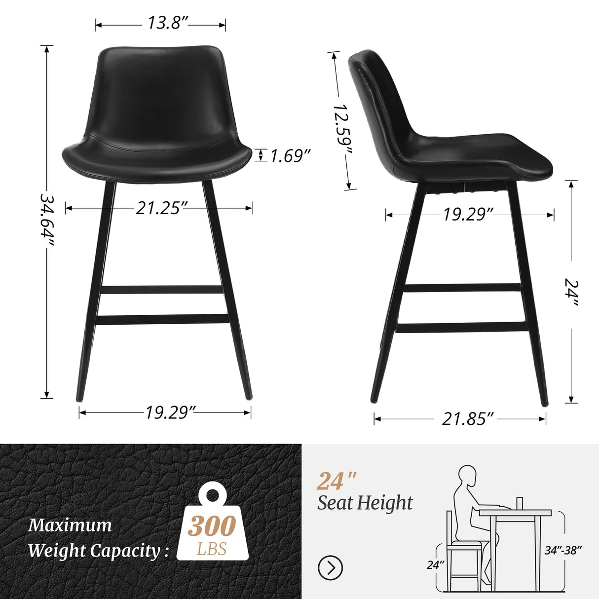 Modern Bucket Barstool Set of 3, Barstools with Back and Footrest