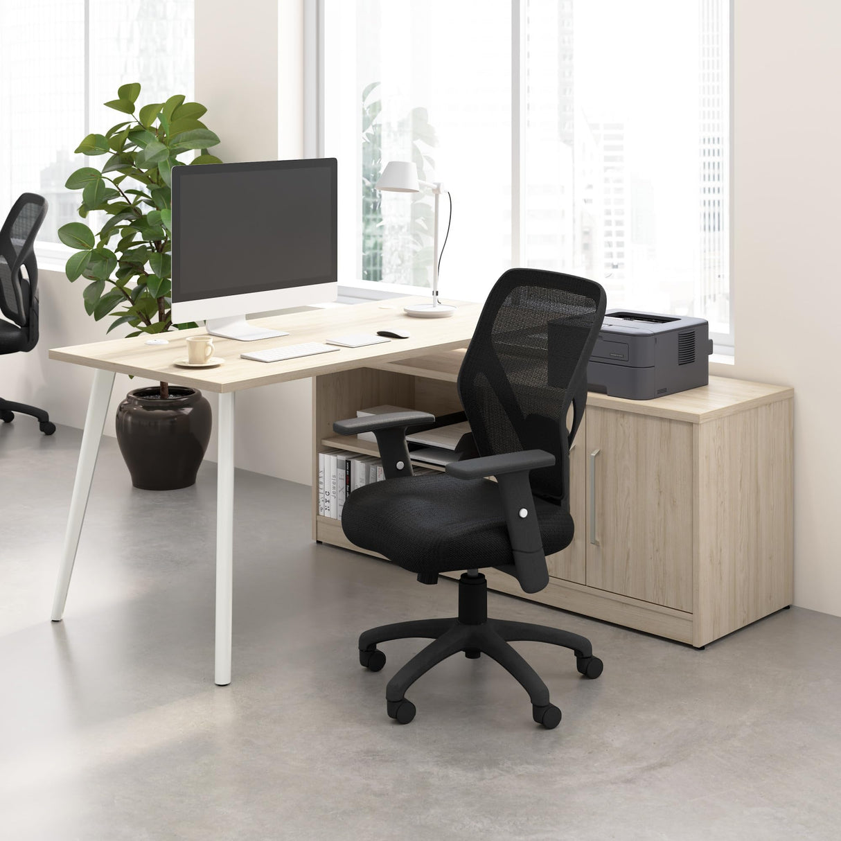 L Shaped Computer Desk 60 inch with Credenza, PC Table and Low Storage Cabinet
