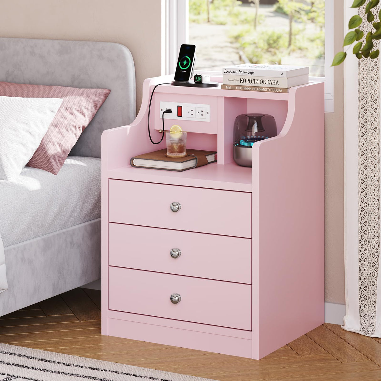 Nightstand with Charging Station,Pink Night Stand with Hutch,Bedside Table with Drawers,