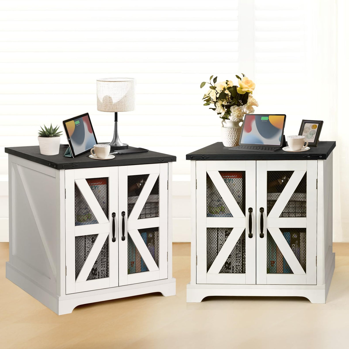 2PCS Farmhouse End Table, 24" Large Sofa Side Table with Charging Station