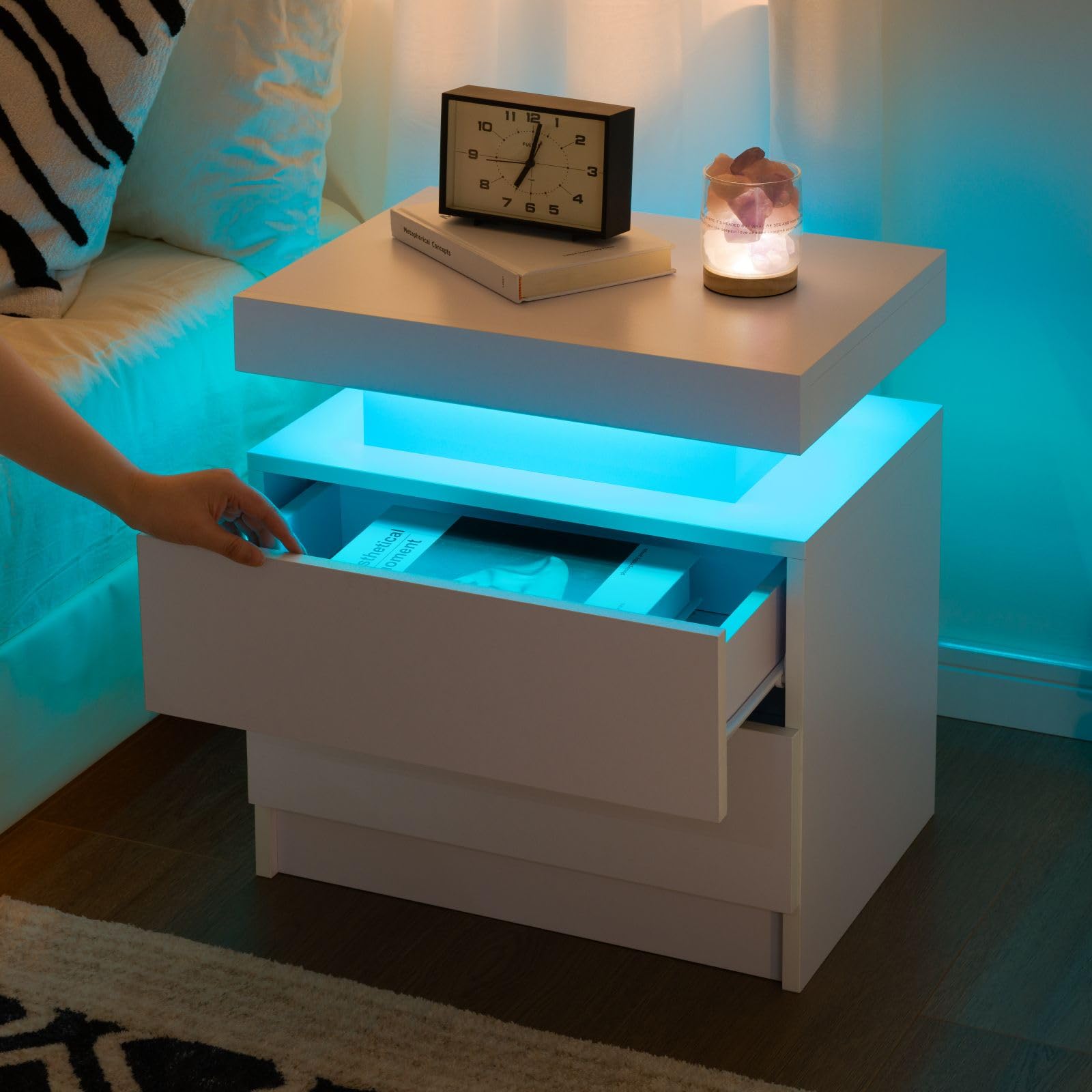 White Nightstand LED Bedside Table for Bedroom Modern Night Stand with 2 Wood Drawers