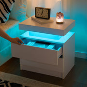 White Nightstand LED Bedside Table for Bedroom Modern Night Stand with 2 Wood Drawers