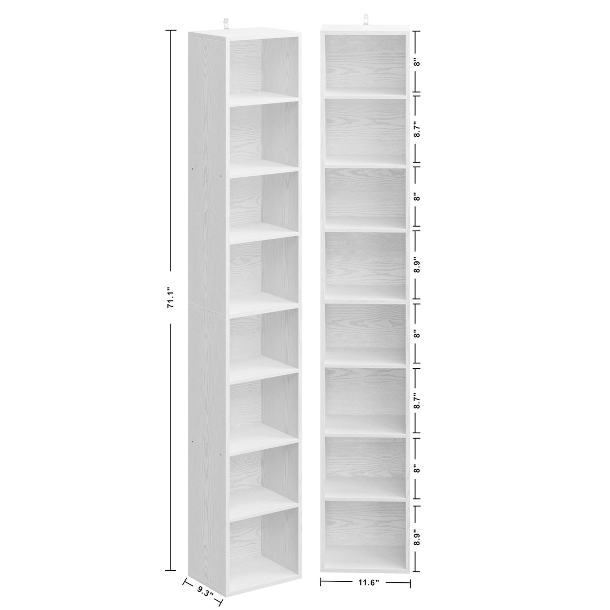 Tall Narrow Bookshelf 8 Tiers 71in Set of 2, Compact Corner Bookcase, Easy to Match for Living Room, Office, Study, Bedroom