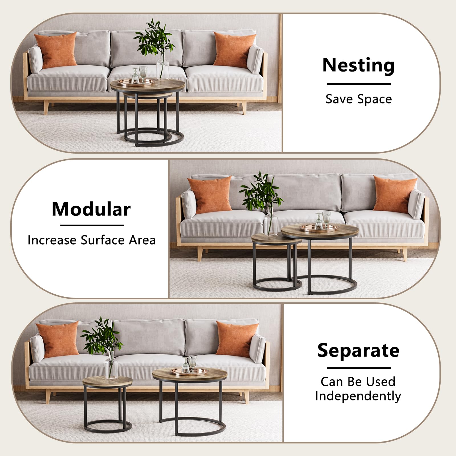 Round Nesting Coffee Table, Nesting Tables for Living Room Set of 2 End Tables Wood