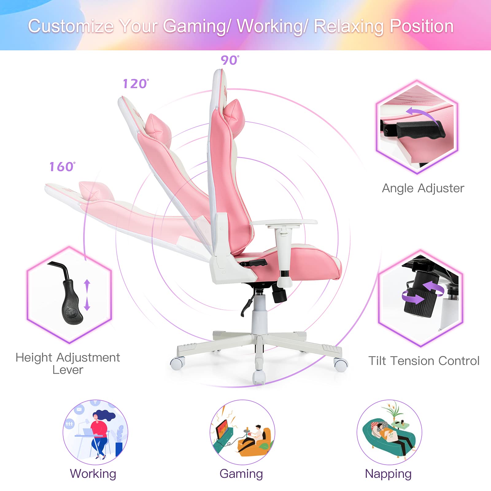 Pink Ergonomic Gaming Chair with Lumbar Support