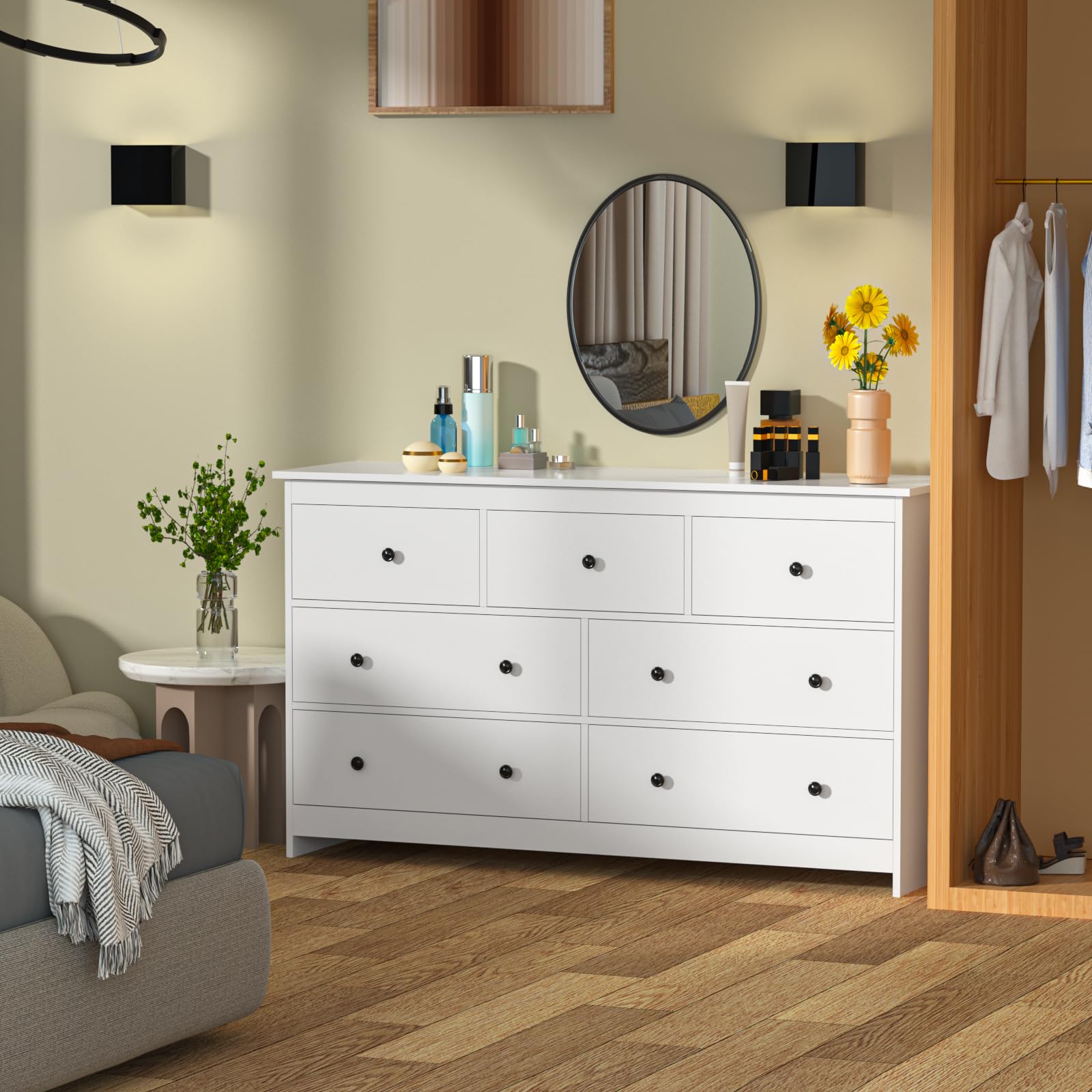 White Dresser for Bedroom, 7 Drawer Dresser with Wide Drawer and Metal Handles