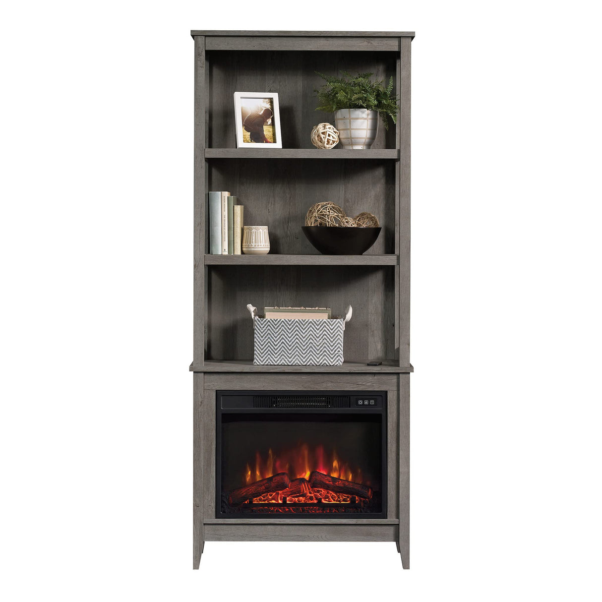 Miscellaneous Storage Library/Book Shelf with Electric Fireplace, Mystic Oak Finish