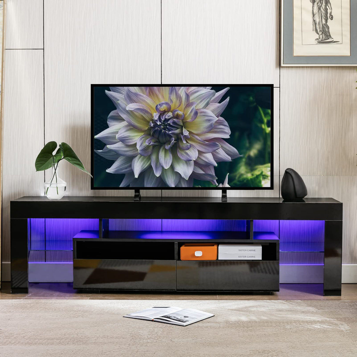 6&Fox LED Black TV Stand Stand for 55/60/65inch TV,Modern Entertainment Center