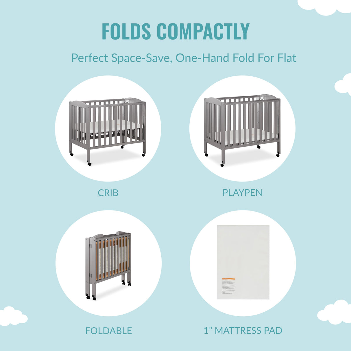 3 in 1 Portable Folding Stationary Side Crib in Steel Grey, Greenguard Gold Certified,