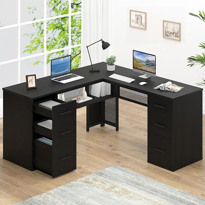 Large L Shaped Desk with Storage File Cabinet，Corner L-Shaped Computer Desk