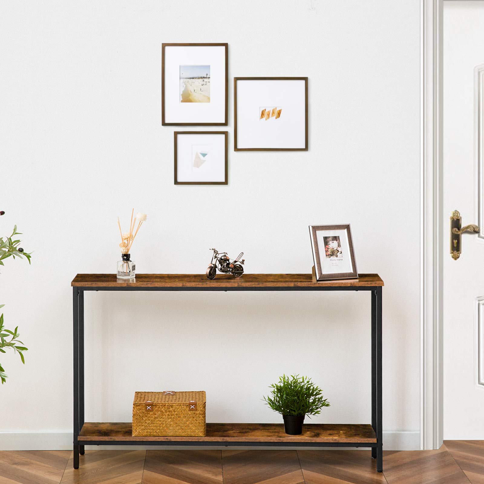 47.2" Narrow Console Table with Shelf - Rustic Brown & Black Metal Frame
