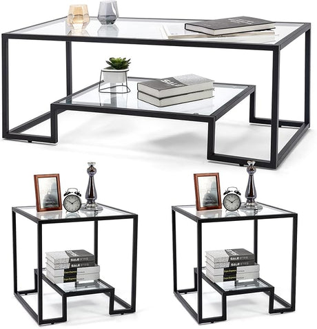 Metal Glass Coffee Table, Black Accent Modern Tempered Glass Side Table