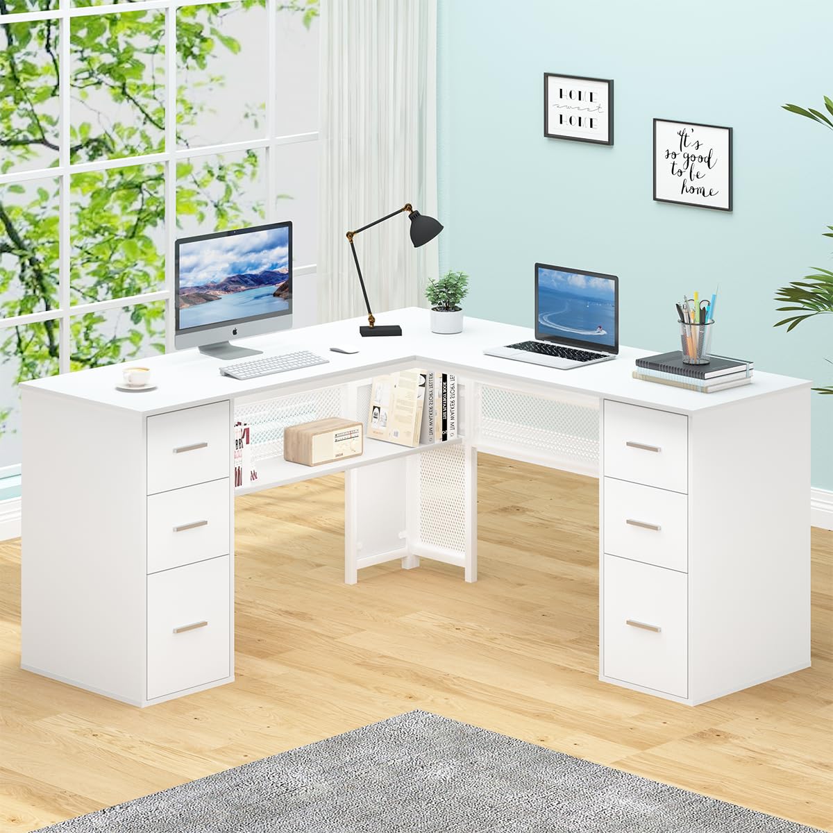 White L Shaped Desk with Drawers Shelves, Large Home Office Corner Computer Desk