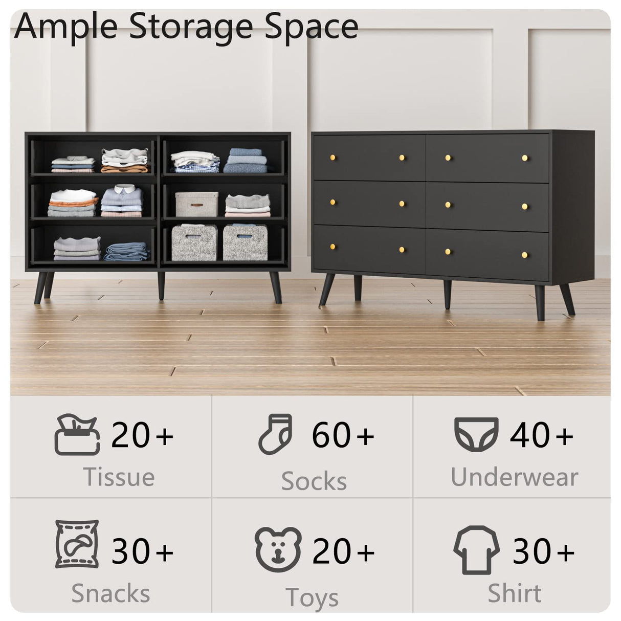 SINROM Black Dresser for Bedroom, Modern 6 Drawer Dresser