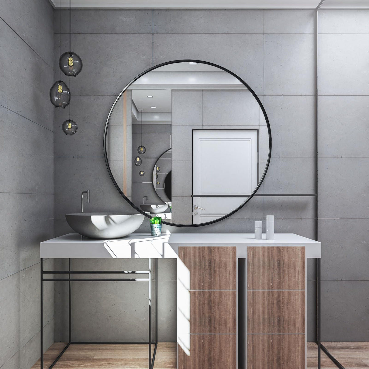 Large Round Mirror - 48 Inch Black Metal Frame Modern Vanity Mirror for Bathroom