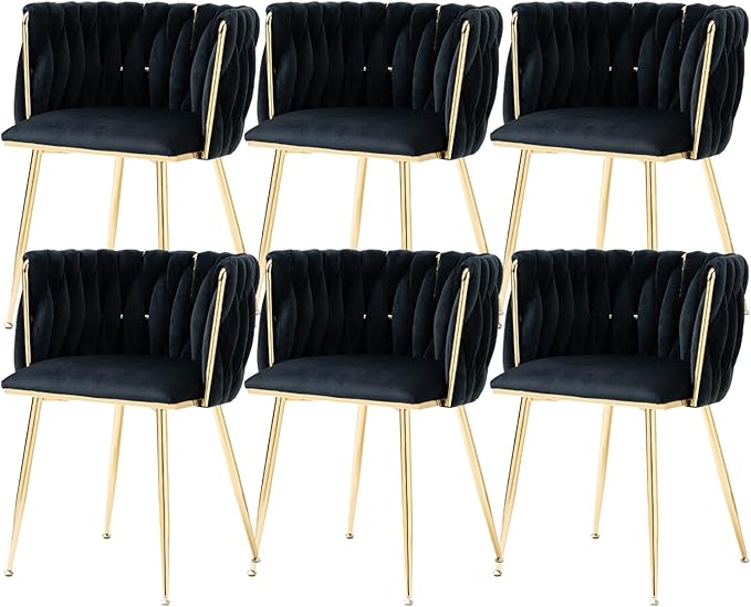 Modern Velvet Dining Chairs Set of 4, Woven Dining Room Chairs with Gold Metal Legs