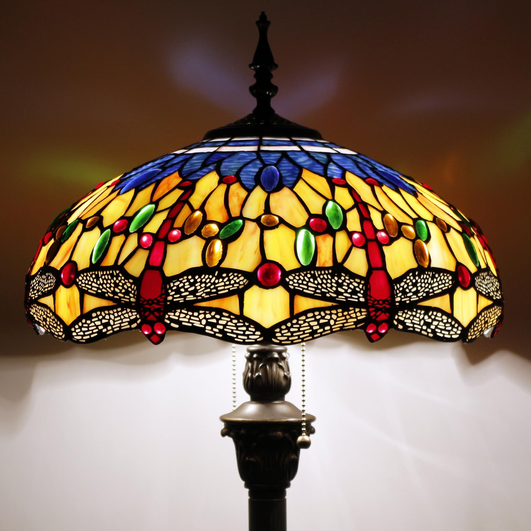Tiffany Floor Lamp Blue Yellow Dragonfly Stained Glass 64 Inch