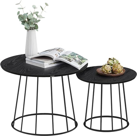 Round Coffee Tables, Set of 2, Modern Circle Side Tables with Steel Frame,