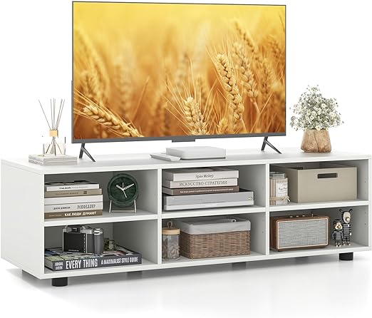 White TV Stand for TV up to 40 Inch, Media Console Table with 4 Cubbies