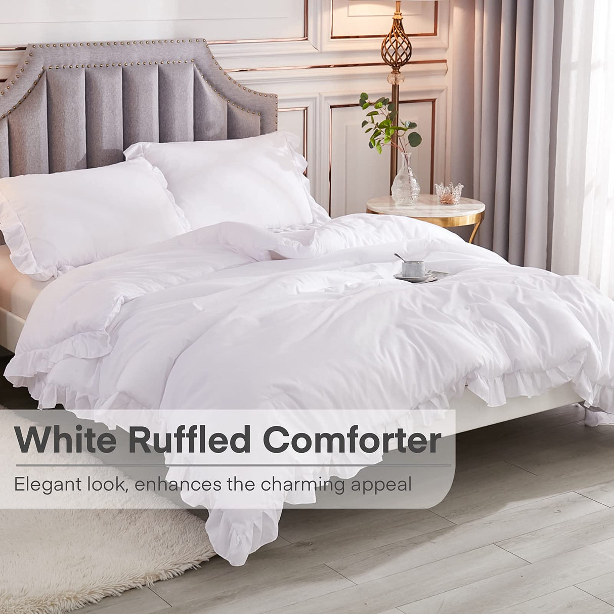 White Comforters Queen Size, 3 Pieces Solid Shabby Chic Farmhouse Bedding