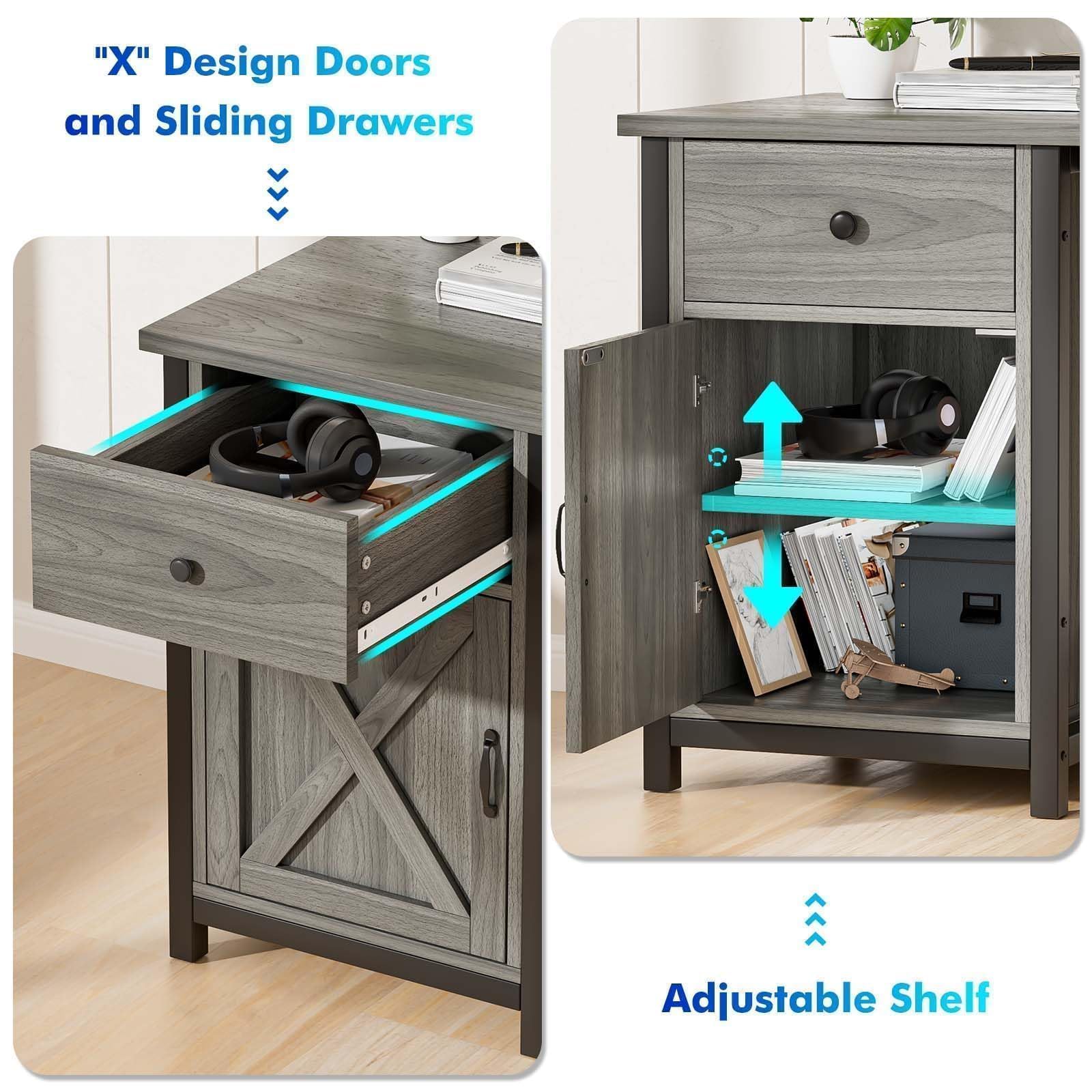 L Shaped Desk with Storage Drawer&Shelves, 63” Farmhouse Corner Computer Desk