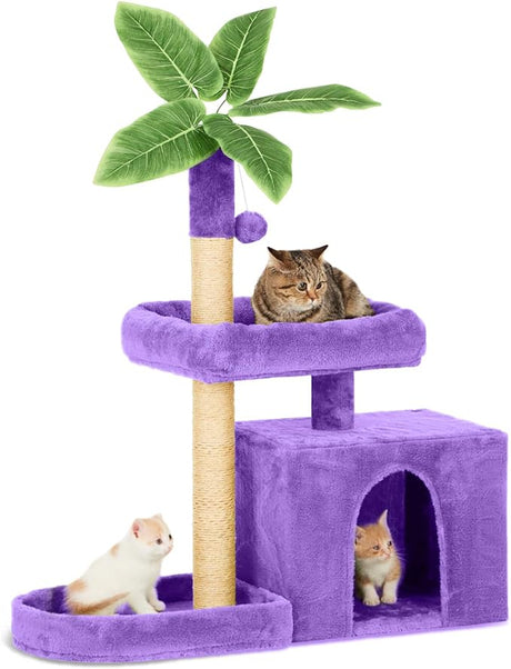 31.5" Cat Tree/Tower for Indoor Cats with Green Leaves, Cat Condo Cozy Plush Cat House