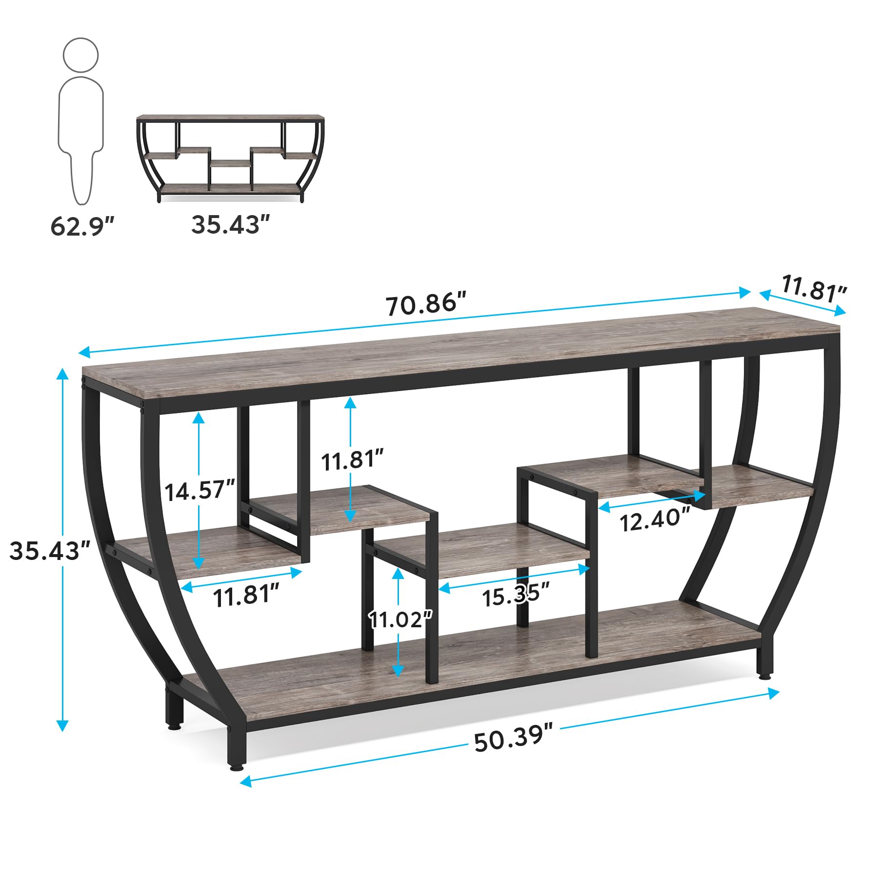 70.9 Inch Long Sofa Table with Shelves, Rustic Console Table with Storage,