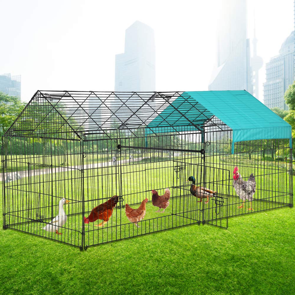 Chicken Coop, Large Metal Walk-in Poultry Cage Kennel with Waterproof & Anti-Ultraviolet Cover Outdoor Backyard Hen Run House Rabbits Ducks Pet Playpen Enclosure for Small Animal, Black