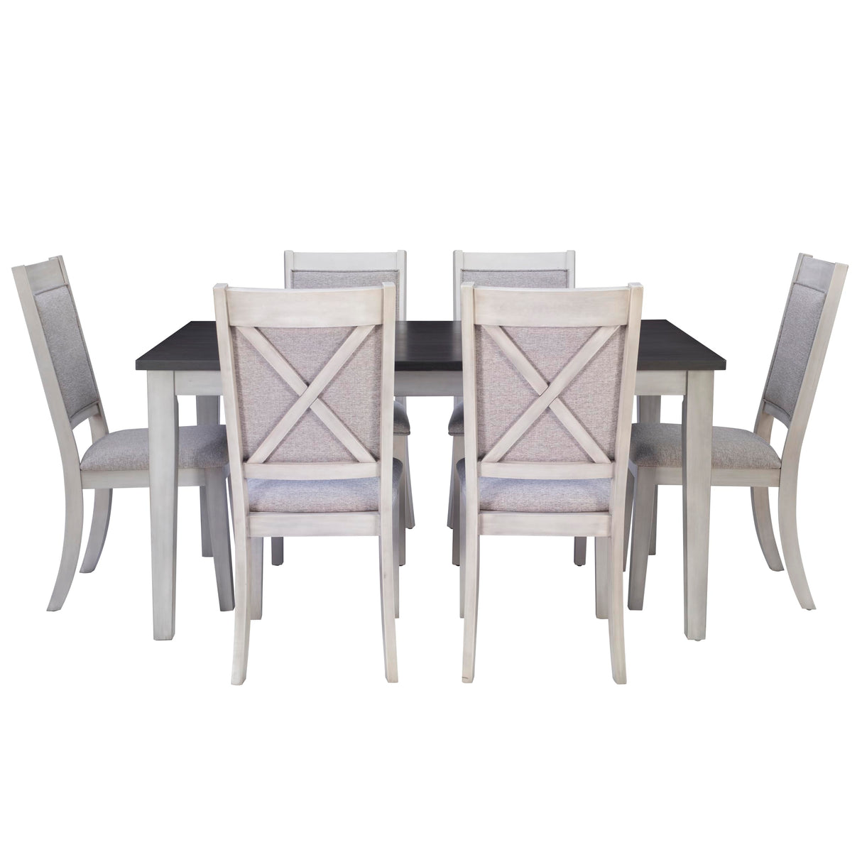 White and Dark Grey Sibley Seven Piece Dining Set with Beige Speckled Upholstery