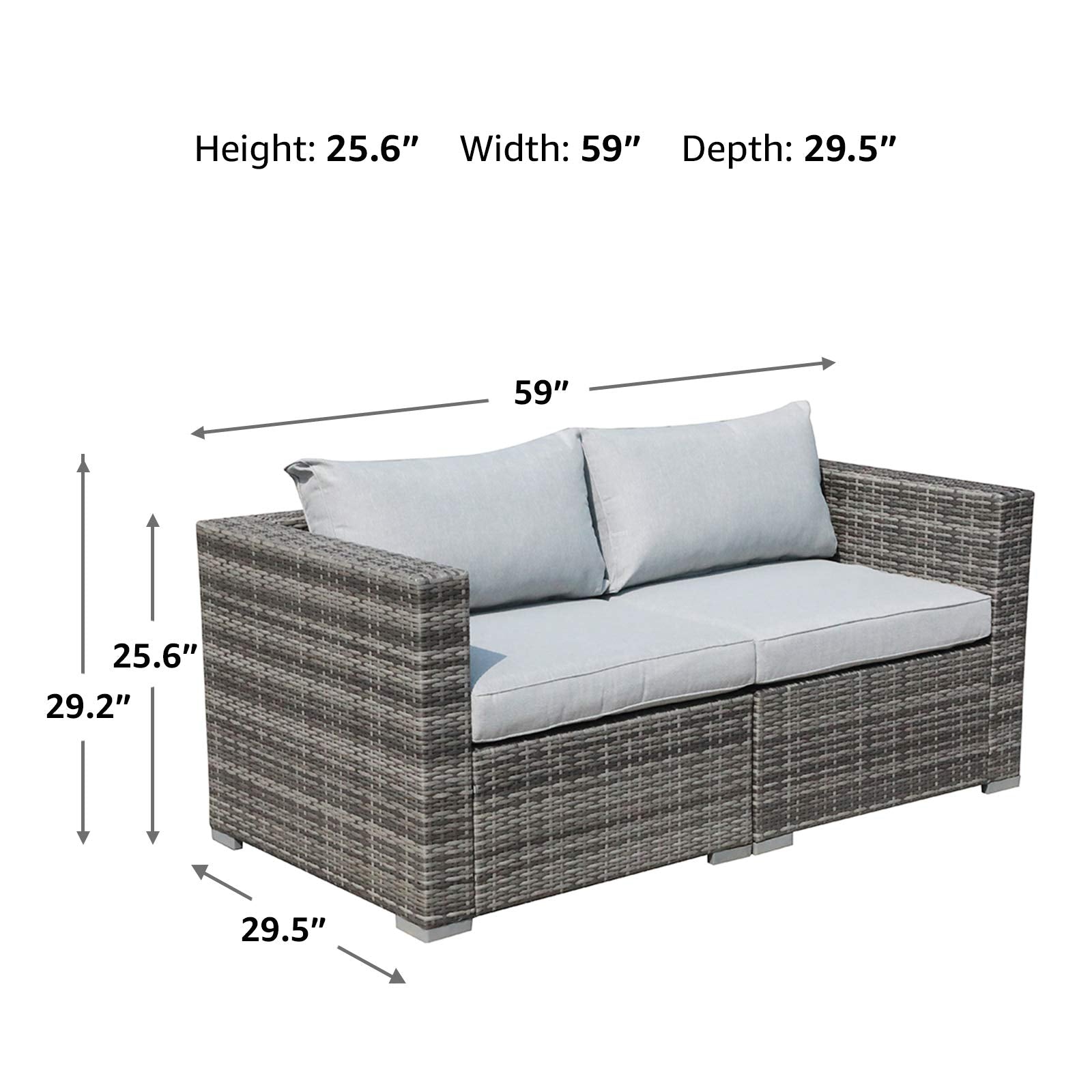 Outdoor Wicker Loveseat 2 Pieces, All Weather Grey PE Rattan Sectional Corner Sofa Set