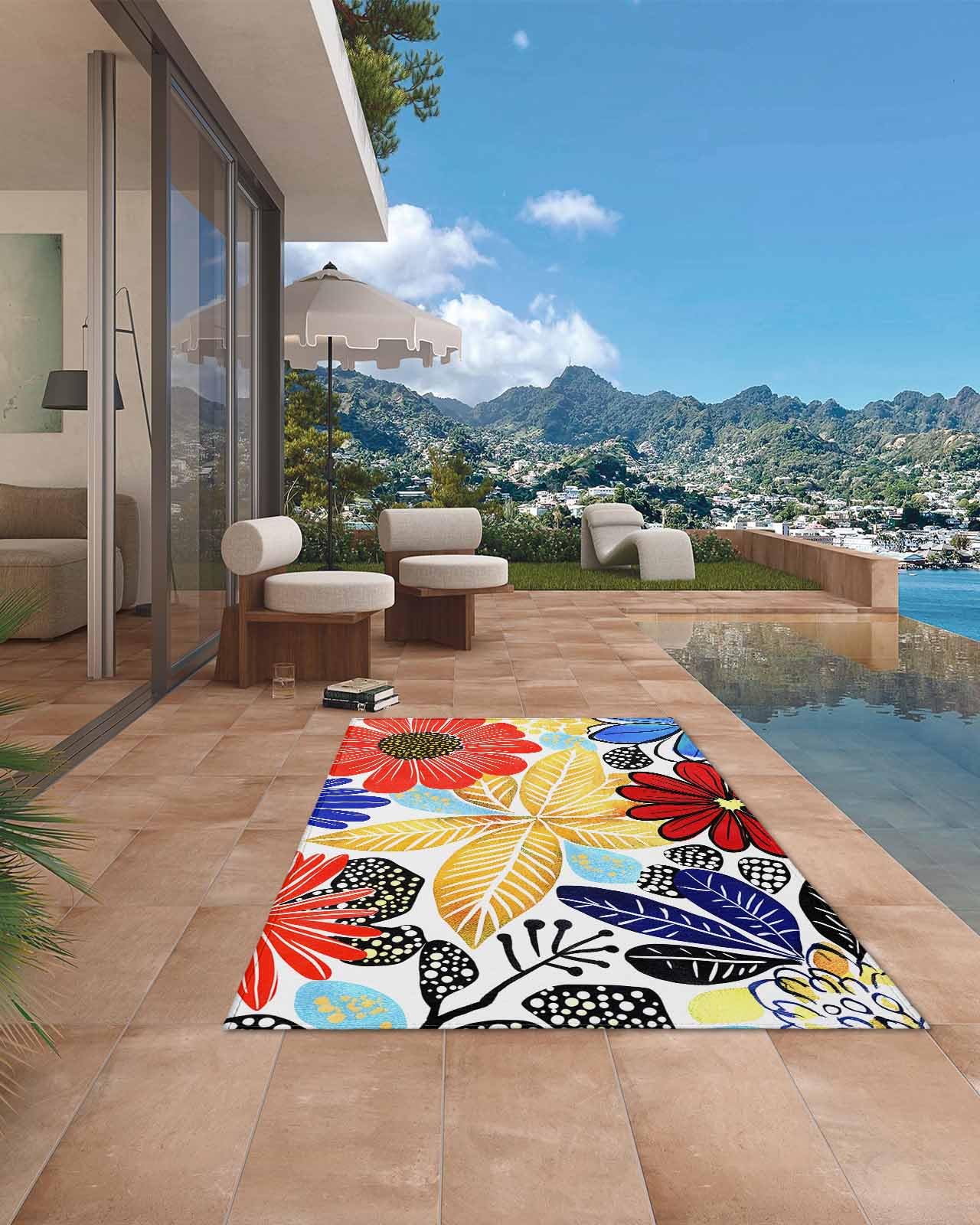 Outdoor Rug 5' x 8', Spring Floral Large Non Slip Area Rugs Washable Floor Mat